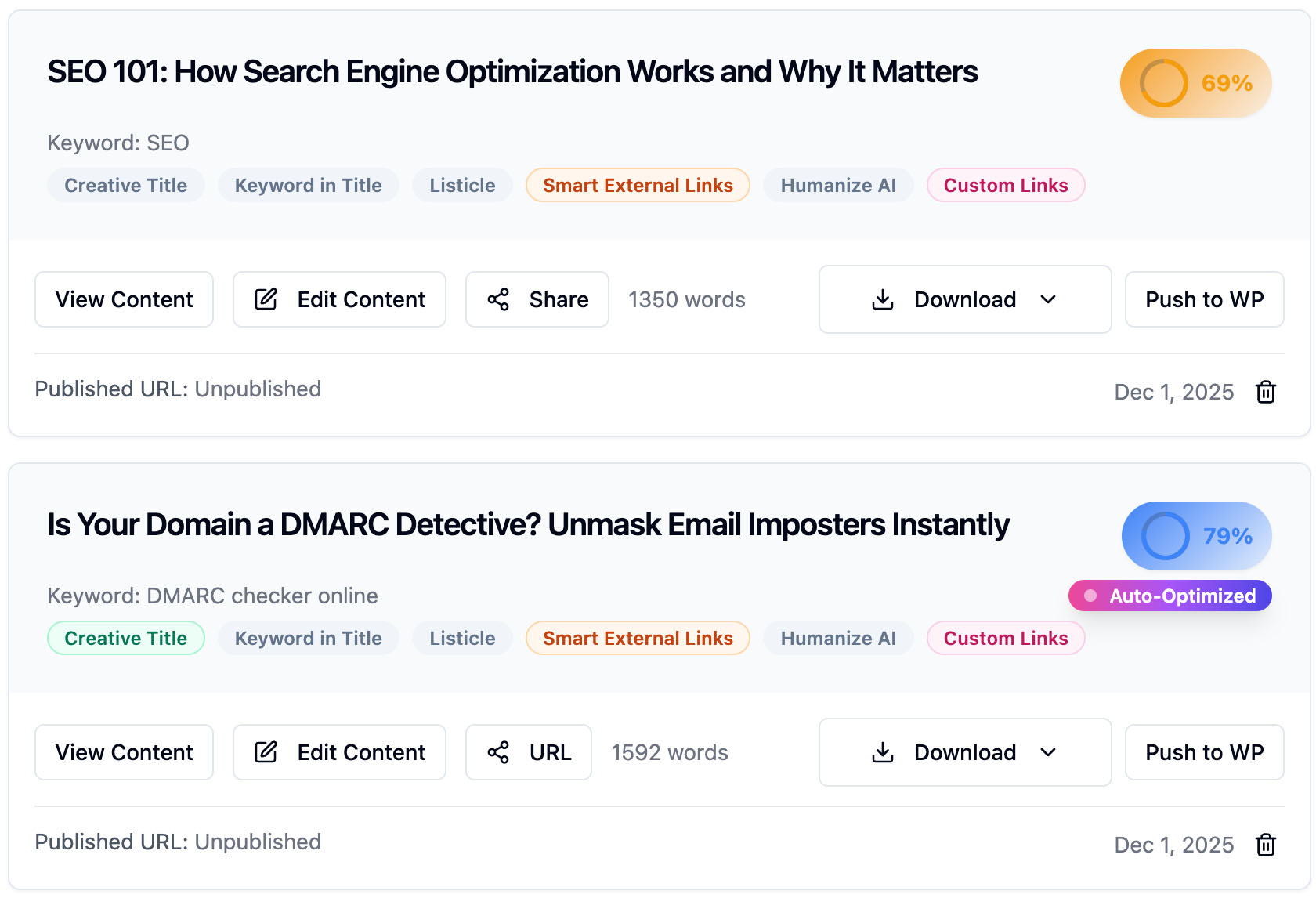 Content History with Score and Options - Article Management
